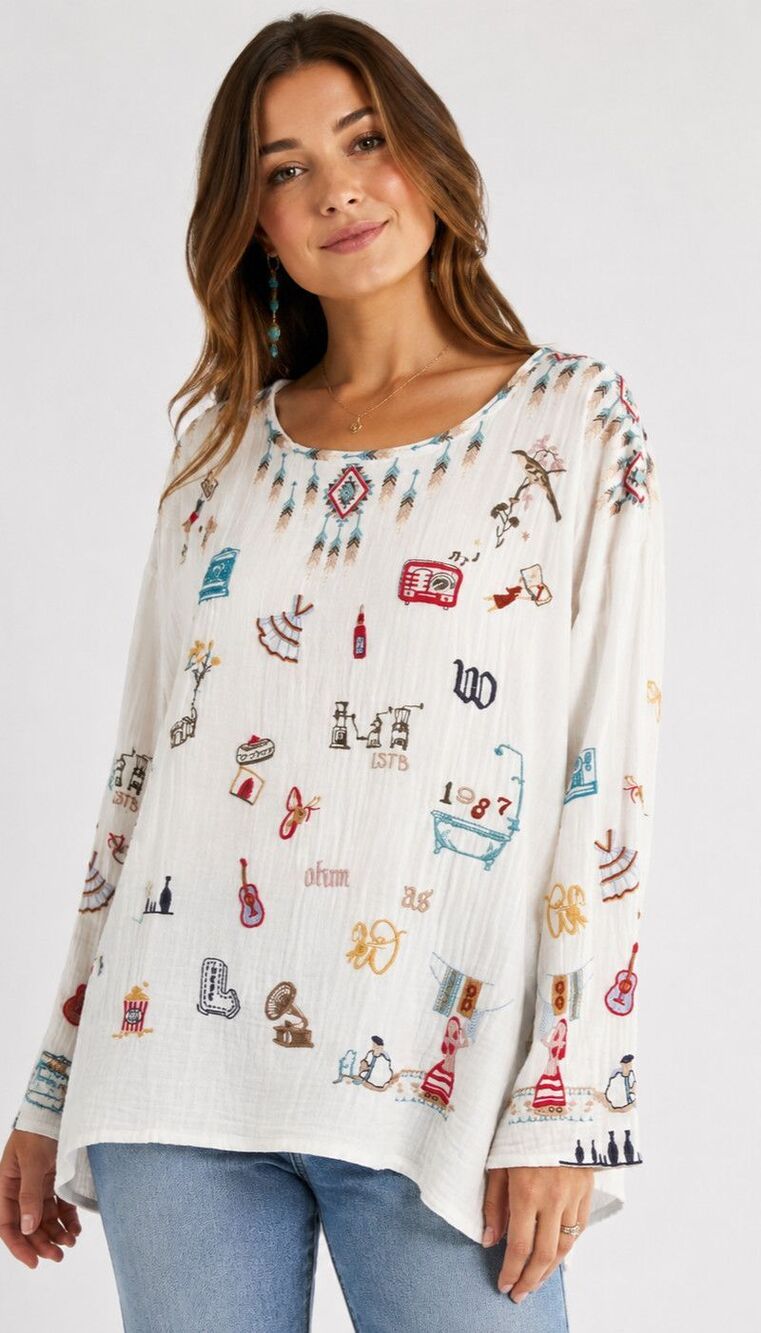 Johnny Was Rondo Blouse Americana Embroidered Blouse Top Tunic White Small